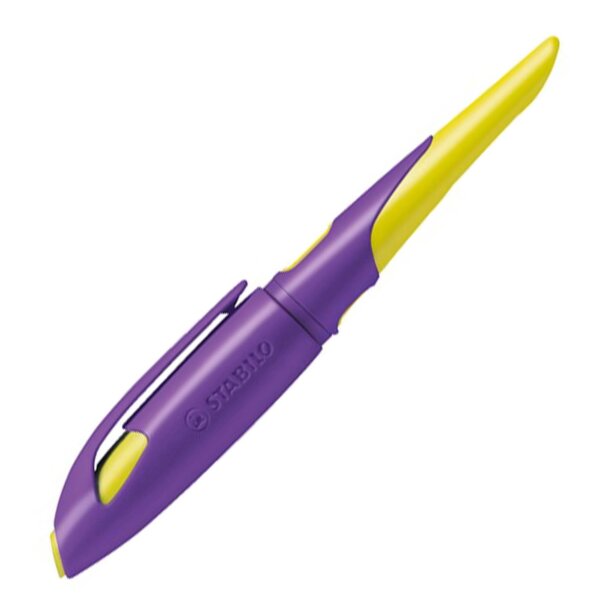 Ergonomischer Schulfüller - STABILO EASYbirdy in violett/gelb - Einzelstift - inklusive Patrone - Schreibfarbe blau (löschbar)