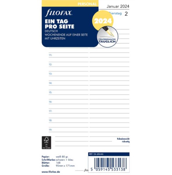 FILOFAX Kalendereinlage 2024 Personal 1Tag /1 Seite (D) 24-68446
