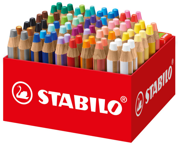 Buntstift, Wasserfarbe & Wachsmalkreide - STABILO woody 3 in 1 - 76er Box mit 4 Spitzern - mit 24 verschiedenen Farben