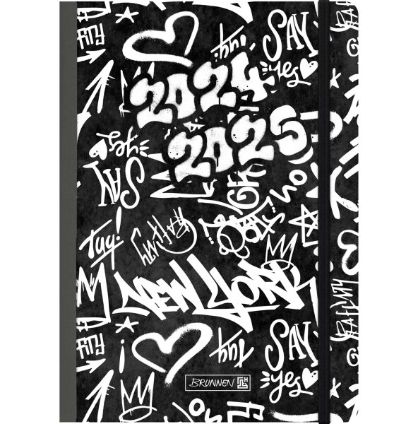 BRUNNEN Schülerkalender 2024-2025 Graffiti A5 2 Seiten = 1 Woche Klebebindung schwarz