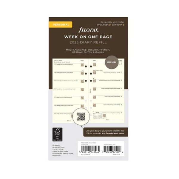 FILOFAX Kalendereinlage 2025 - Personal - 1 Woche = 1 Seite - cotton cream mehrsprachig - 25-68439