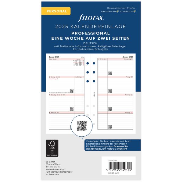 FILOFAX Kalendereinlage 2025 Personal 1 Woche - 2 Seiten Professional weiss deutsch 25-68475