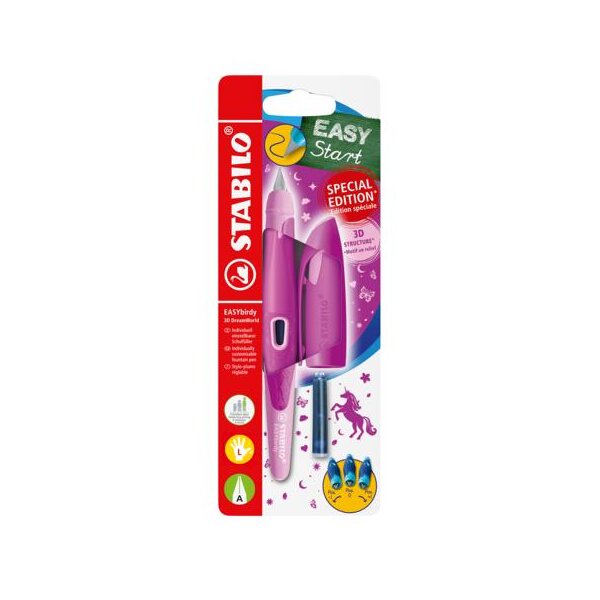 STABILO Schulfüller ergonomisch für Linkshänder mit Anfänger-Feder A - STABILO EASYbirdy 3D DreamWorld Special Edition in pink - inkl. Patrone - B-61649-3