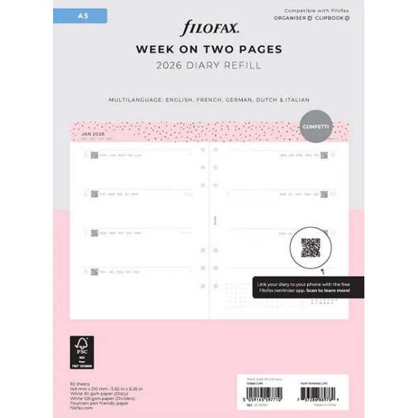FILOFAX Kalendereinlage 2026 - A5 - 1 Woche = 2 Seiten - weiss - 26-68591