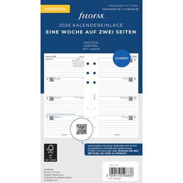 FILOFAX Kalendereinlage 2026 - Personal - 1 Tag = 1 Seite - weiss - deutsch - 26-68446