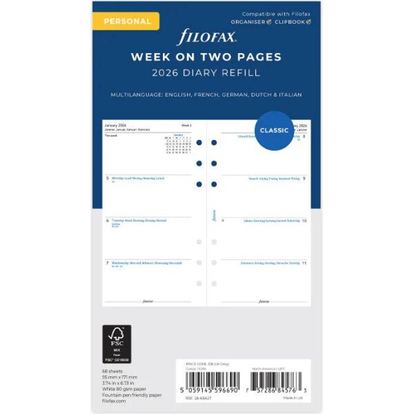 FILOFAX Kalendereinlage 2026 - Personal - 1 Woche/ 2 Seiten - mehrsprachig - 26-68427