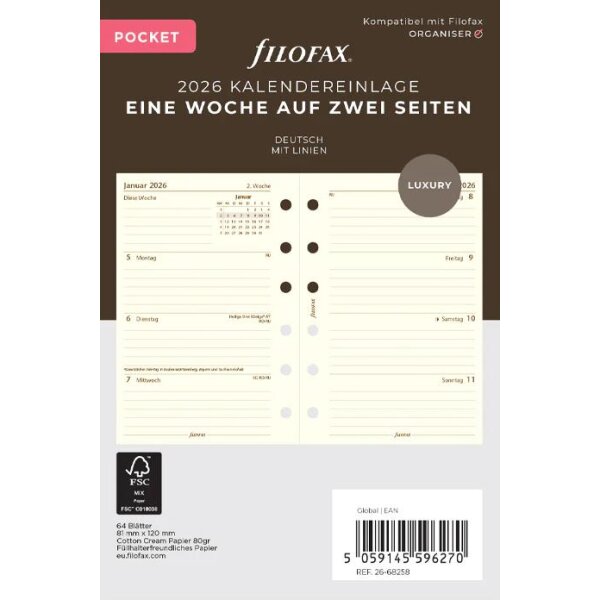 FILOFAX Kalendereinlage 2026 - Pocket - 1 Woche = 2 Seiten - cotton creme - deutsch - 26-68258