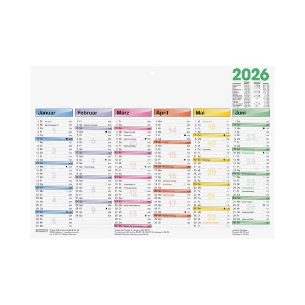 BRUNNEN Tafelkalender 2026 - A4 quer - DATAline – 6 Monate pro Seite, bunt, stabiler Karton