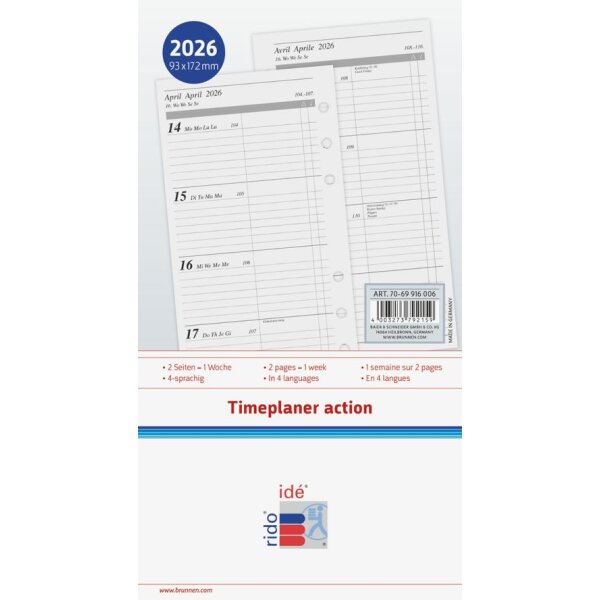 rido Kalender-Ersatzeinlage 2026 Timeplaner action – 93x172mm Wochenkalender, 6-fach gelocht