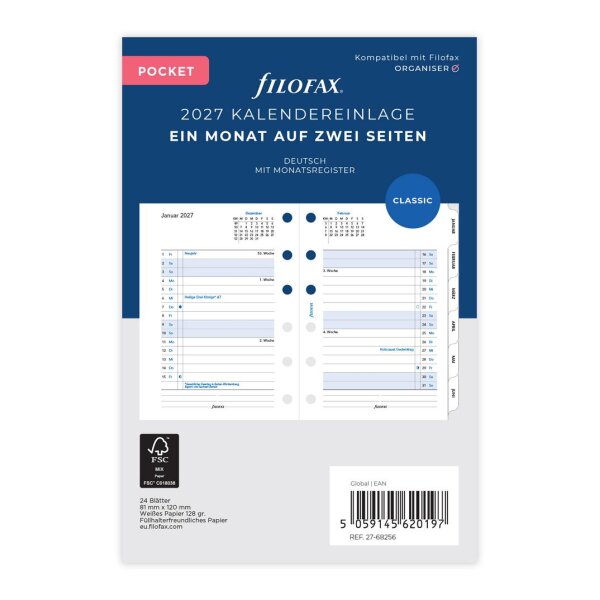 FILOFAX Kalendereinlage 2027 - POCKET - 1 Monat = 2 Seiten mit Register - weiss - deutsch
