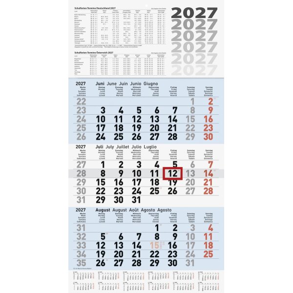 BRUNNEN 3-Monatskalender 2027 - 300×560mm - blau