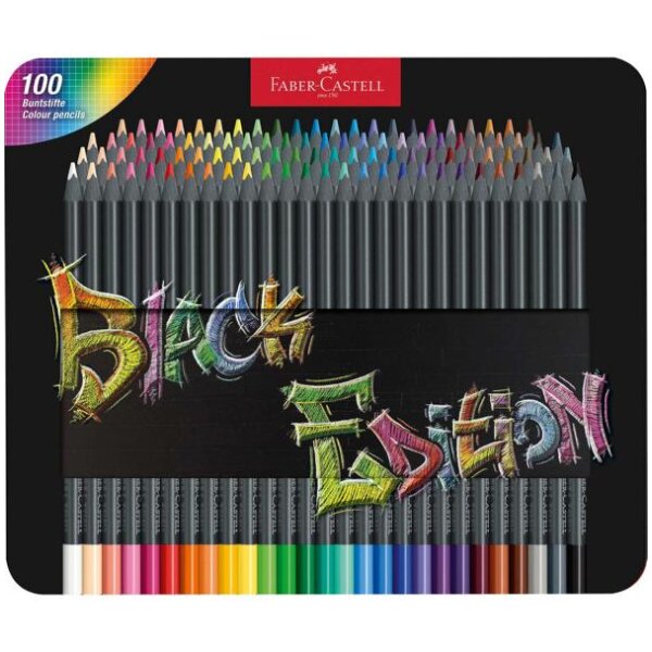 FABER-CASTELL Buntstifte Black Edition - 100er - Metalletui - Super Soft Mine - Ergonomisch & Hochwertig -116490